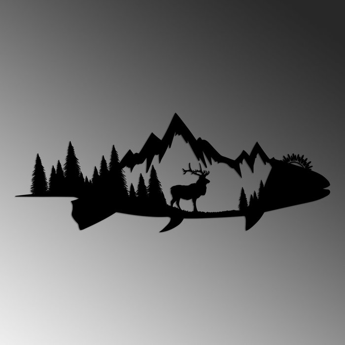 Wallity Mountain And Deer Escultura de Pared de Metal Negra